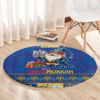 Blue round rug with gnome, gift, menorah border, and “Happy Chrismukkah” text