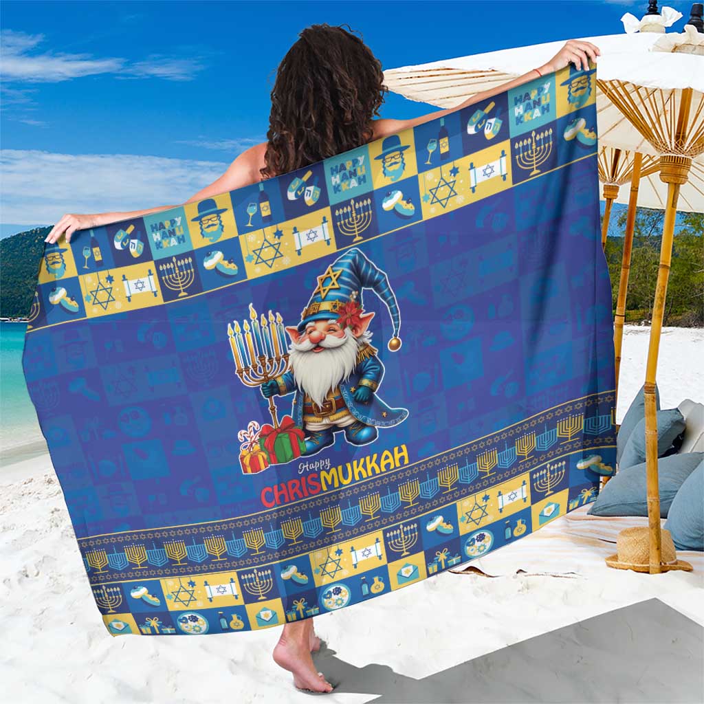 Blue Chrismukkah sarong with gnome Santa, menorah and dreidel icon border
