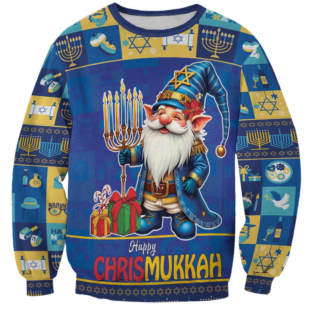 Blue crewneck sweatshirt with gnome holding menorah and festive Hanukkah symbols
