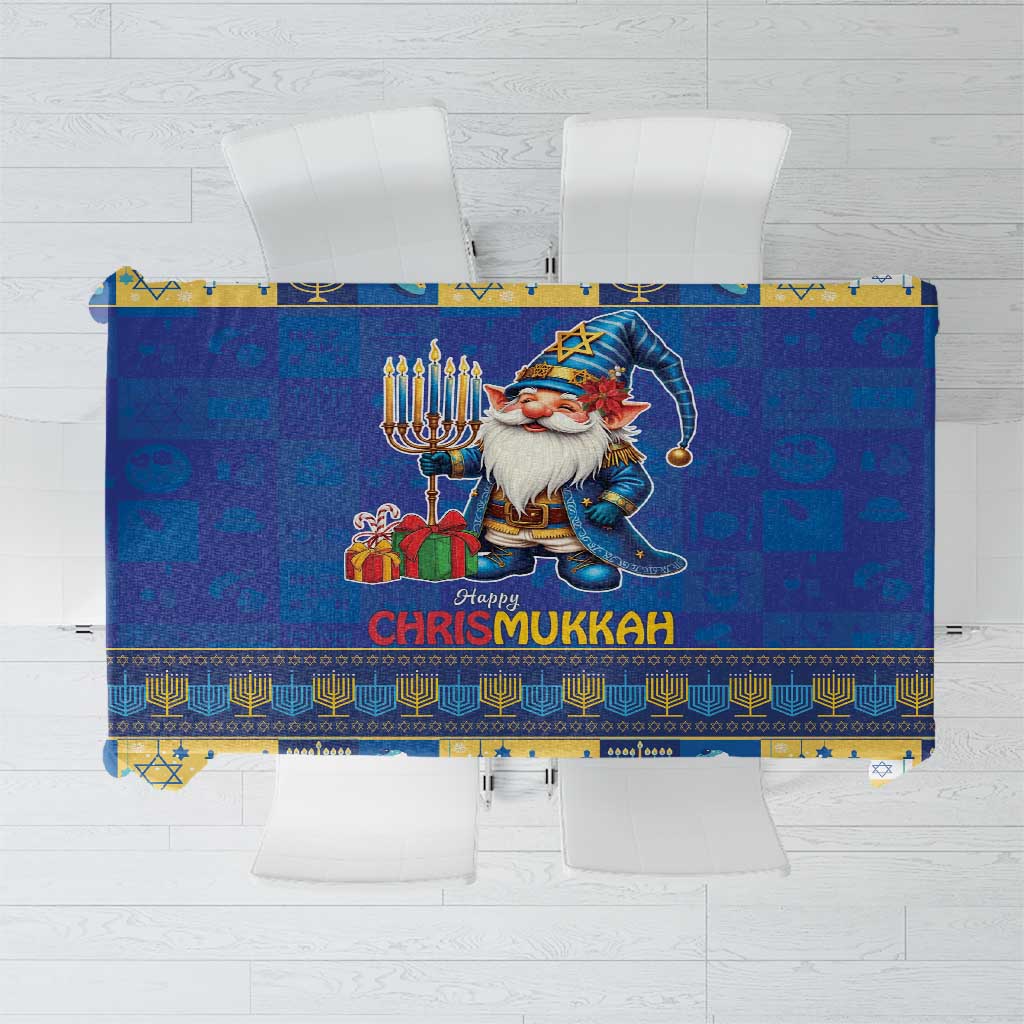 Blue tablecloth with gnome holiday graphic and menorah pattern, decorative borders