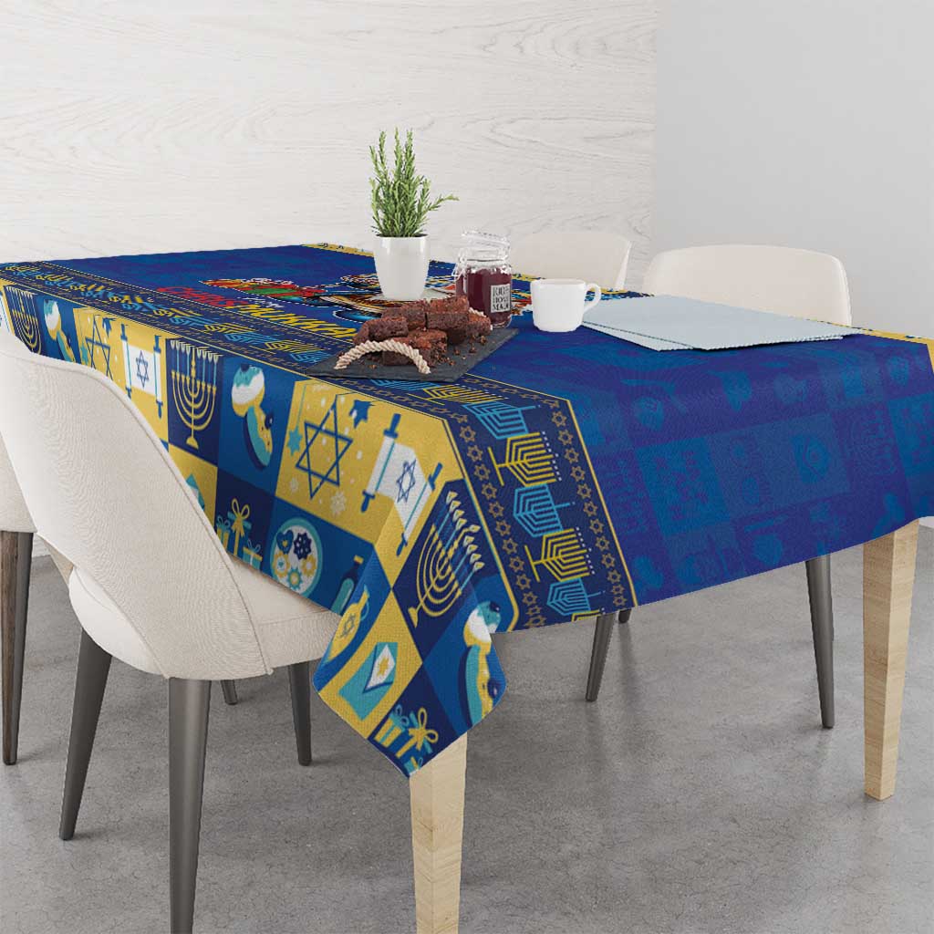 Blue rectangular tablecloth with geometric Hanukkah icons and candle/menorah motif