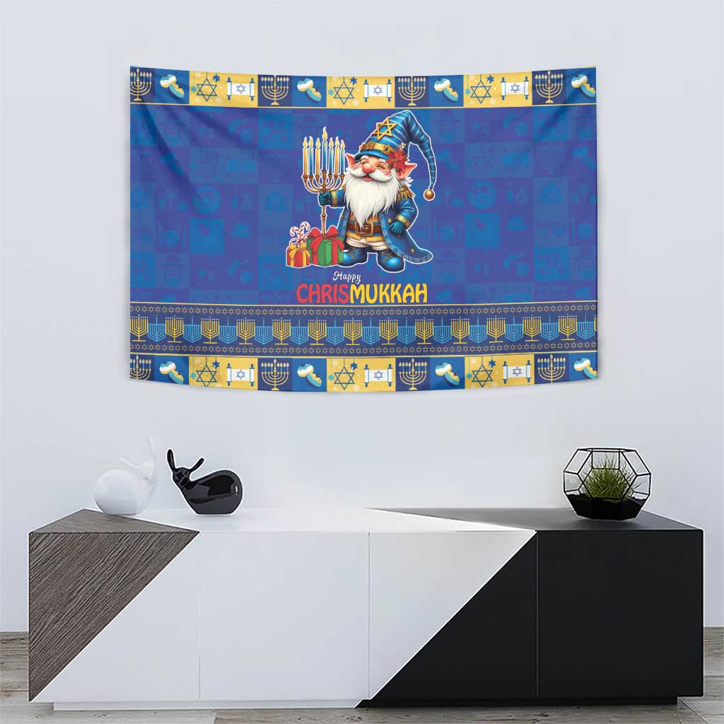 Blue Chrismukkah tapestry with centered gnome and menorah, repeating icon border strip