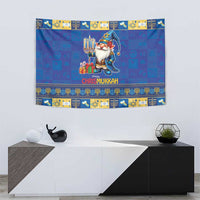 Blue Chrismukkah tapestry with centered gnome and menorah, repeating icon border strip