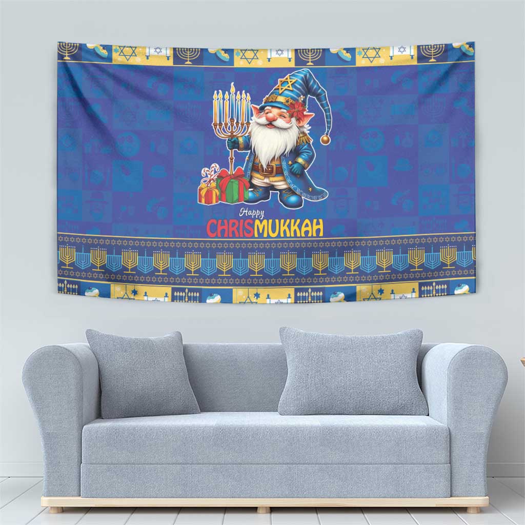 Blue Chrismukkah tapestry with gnome holding menorah, “Happy Chrismukkah” text, patterned edge