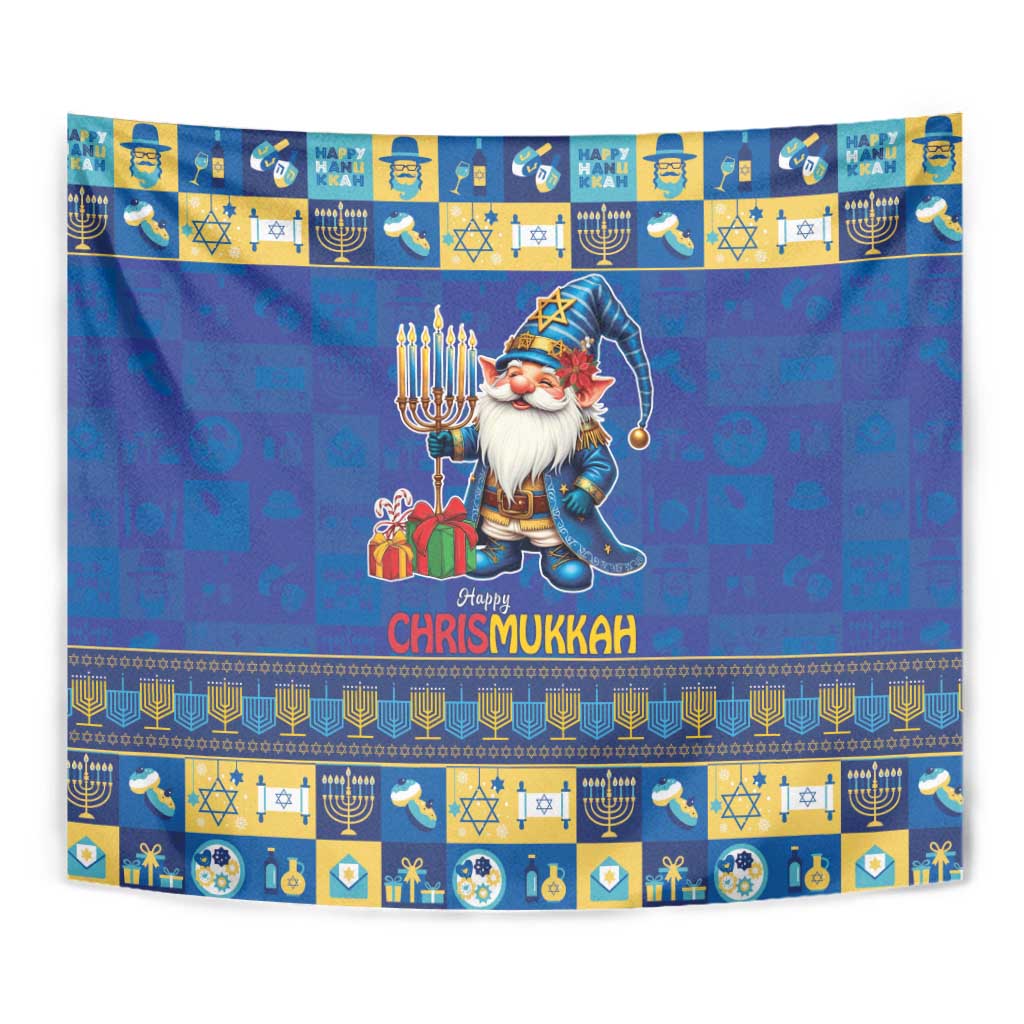 Blue Chrismukkah tapestry with gnome holding menorah and gifts, repeating blue-yellow icon pattern