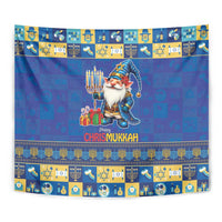 Blue Chrismukkah tapestry with gnome holding menorah and gifts, repeating blue-yellow icon pattern