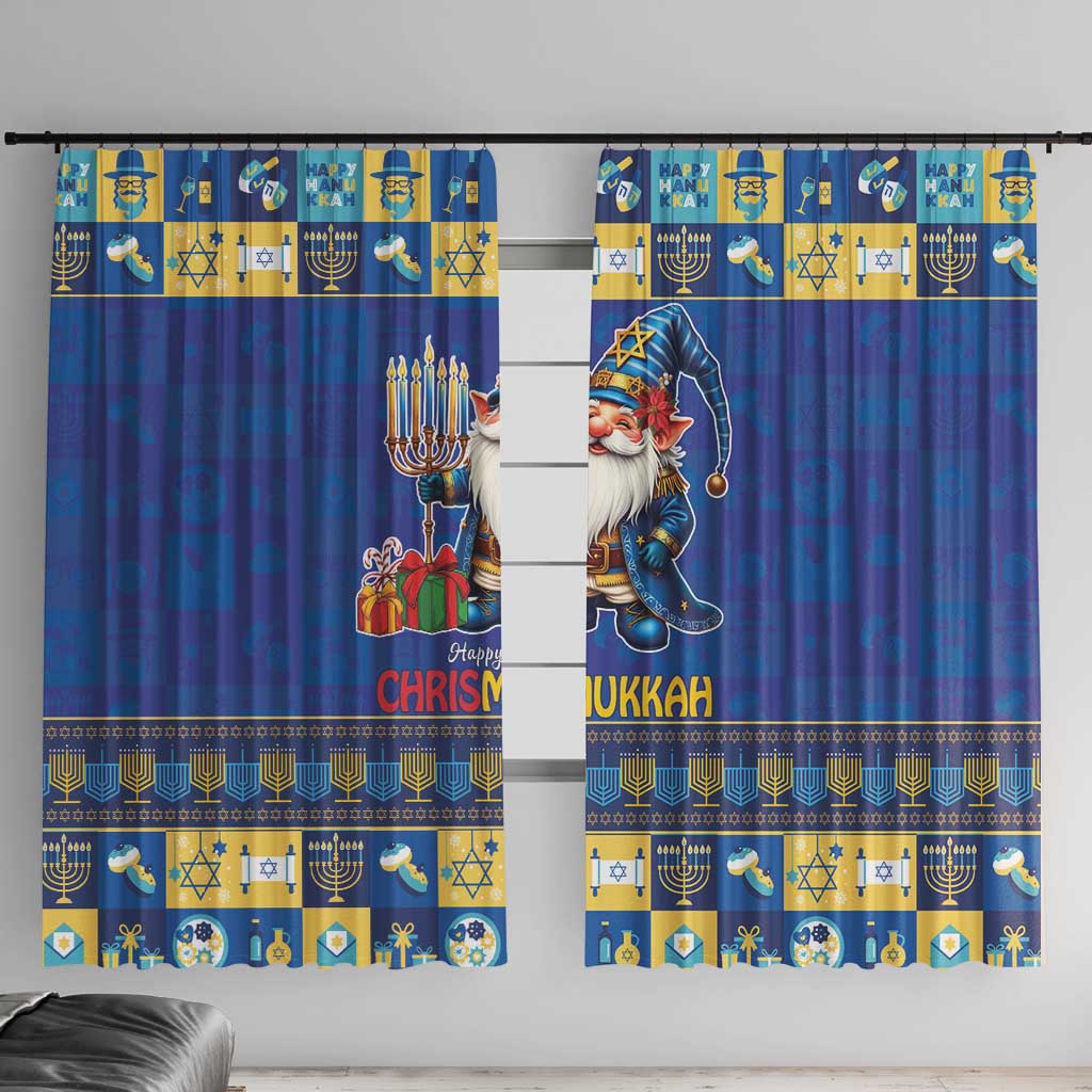 Blue window curtain panels with gold border, gnome character, menorah and holiday icons.