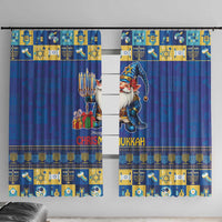 Blue window curtain panels with gold border, gnome character, menorah and holiday icons.