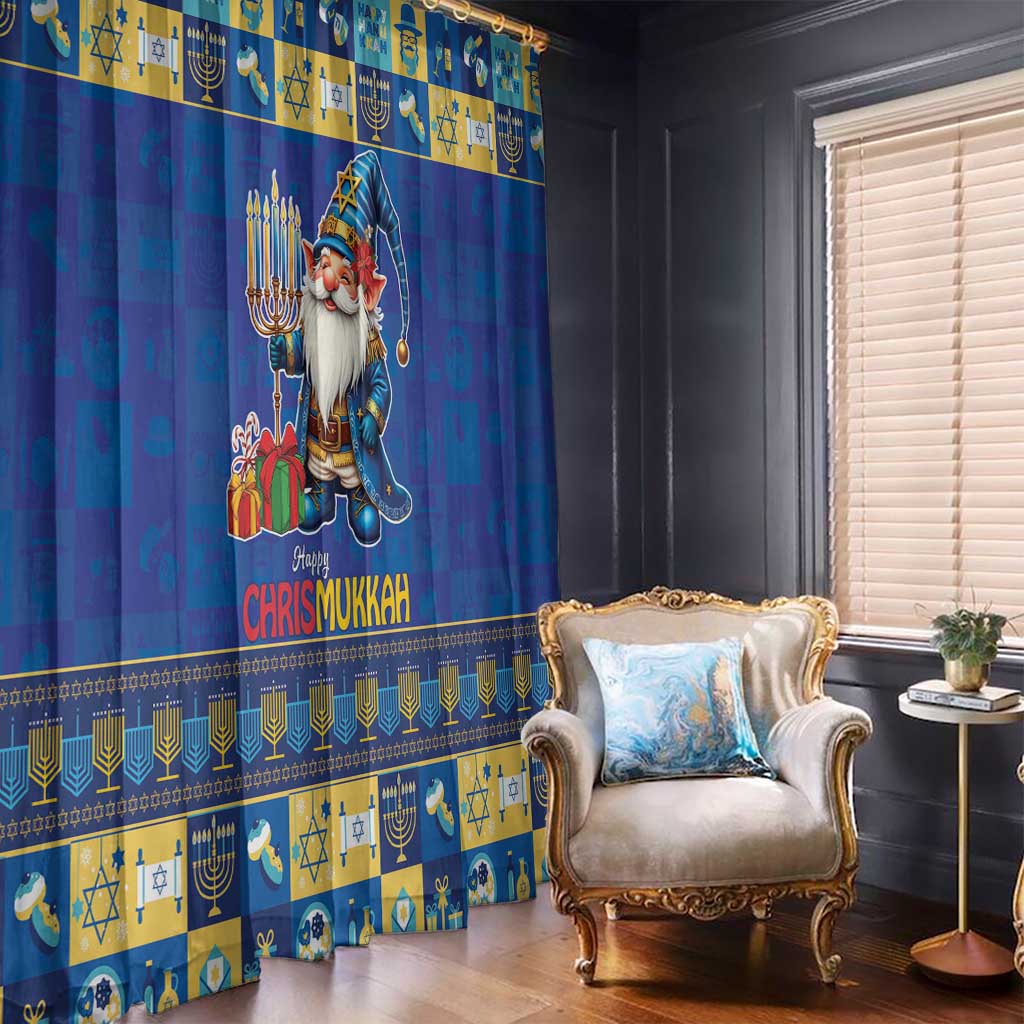 Blue and gold holiday window curtains with standing gnome design and patterned border trim.