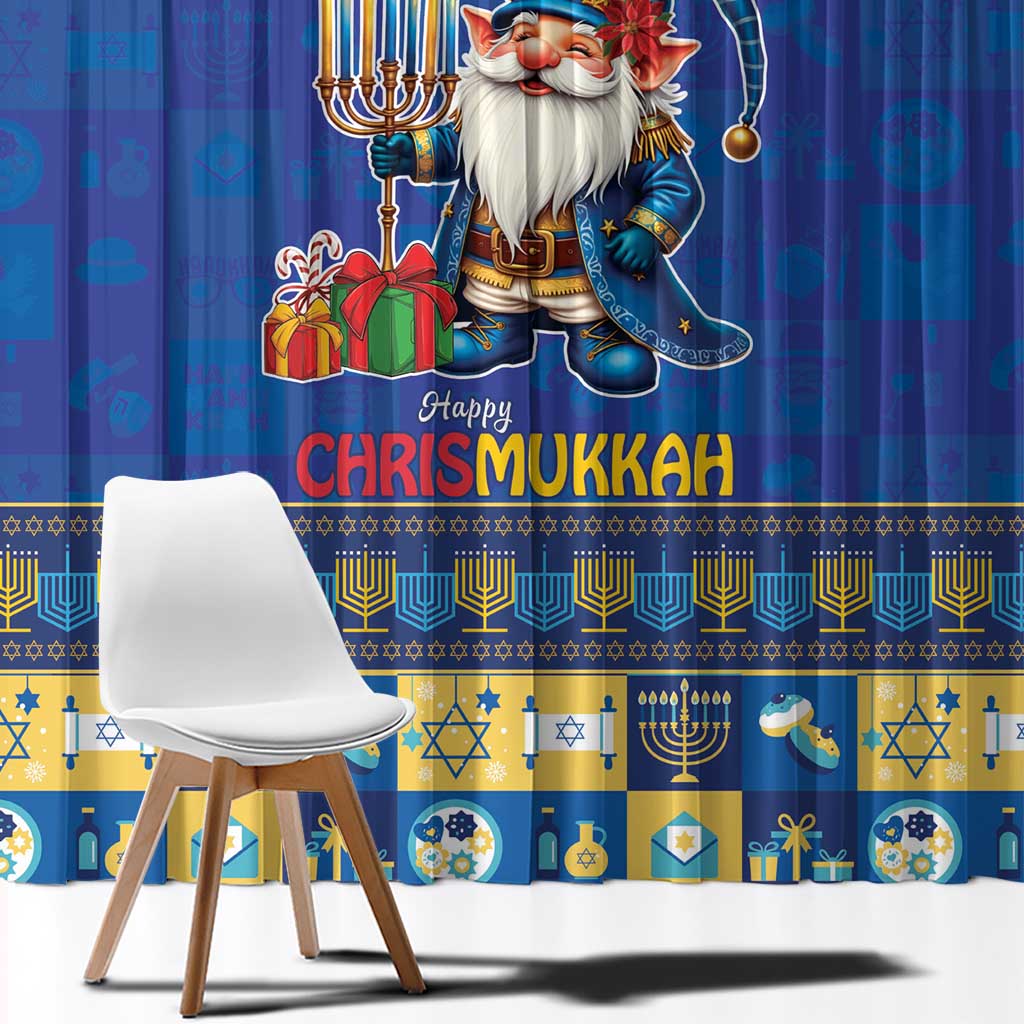Blue curtain close-up with gnome artwork, “Happy” text, menorah icons, and gold trim.