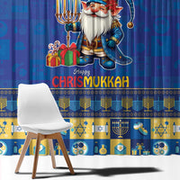 Blue curtain close-up with gnome artwork, “Happy” text, menorah icons, and gold trim.