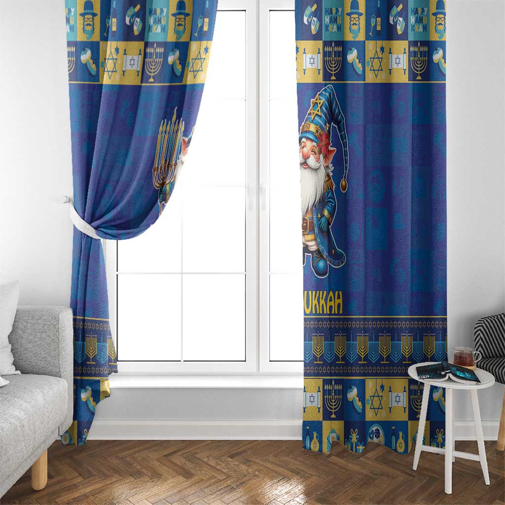 Blue window curtain with gnome print and gold border, tied at top over white window.