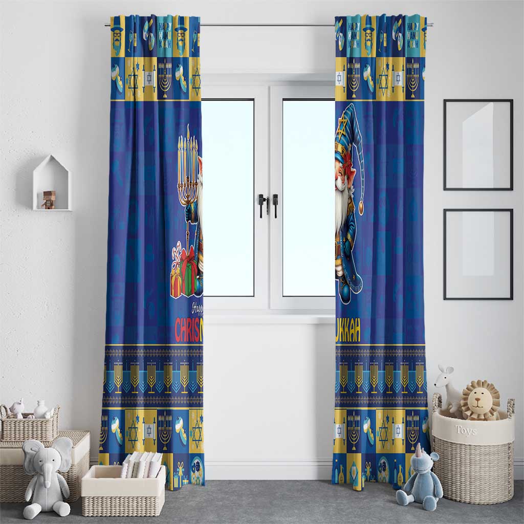 Blue curtain panels with gnome character and menorah patterns hanging on a white door.