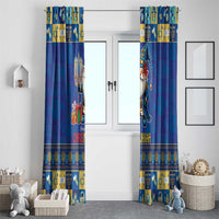 Blue curtain panels with gnome character and menorah patterns hanging on a white door.