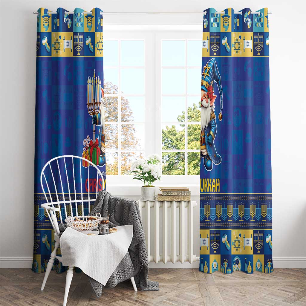 Blue and gold curtains with gnome print on each panel, hanging around a window.