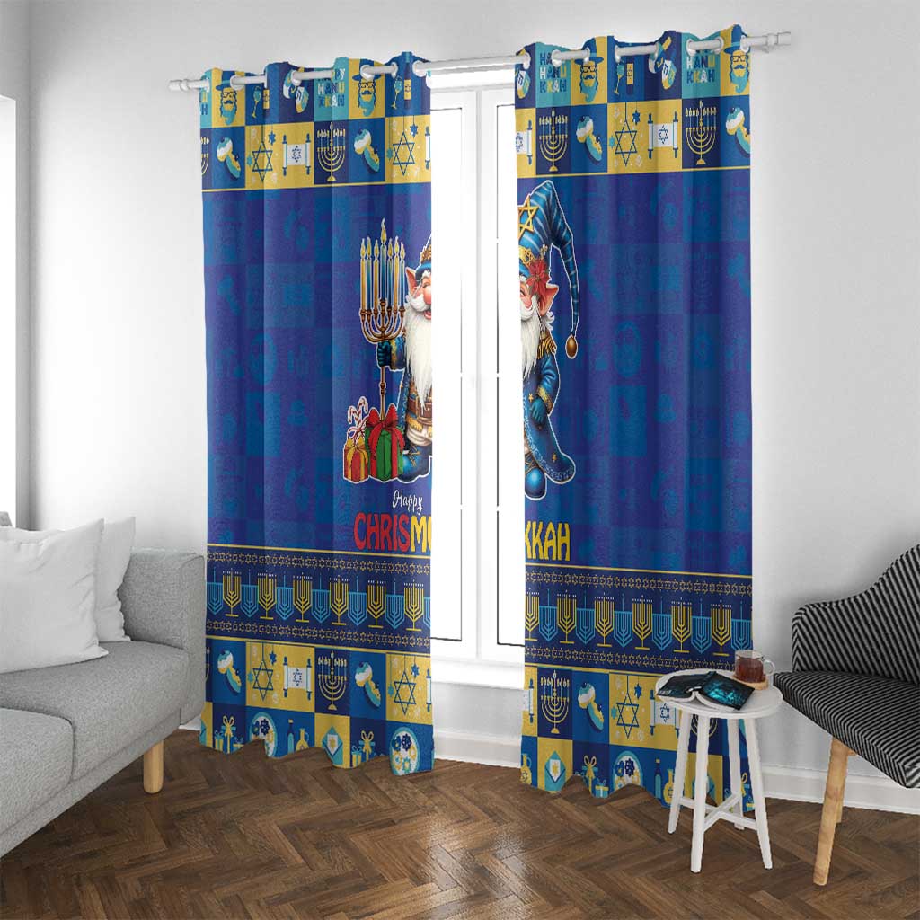 Blue window curtains with gnome figure artwork, gold header, and repeating holiday symbols.