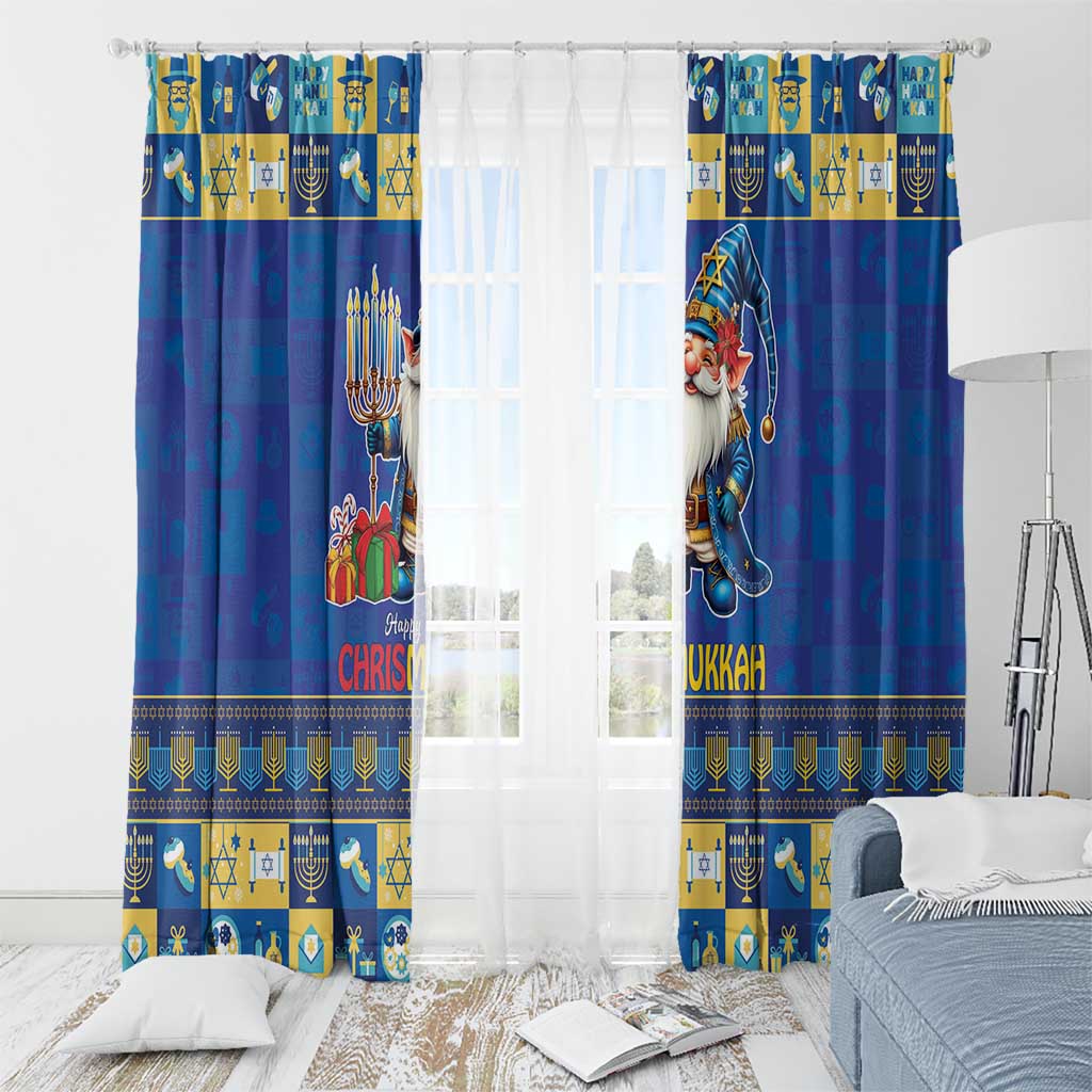Blue holiday curtains with gnome character and menorah icons, hung with rings on rod.