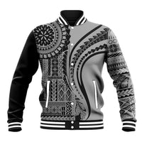 Black baseball jacket with white tribal pattern, ribbed collar cuffs, snap-button front.