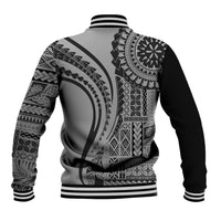 Black and gray baseball jacket with large tribal back graphic, ribbed hem and cuffs.