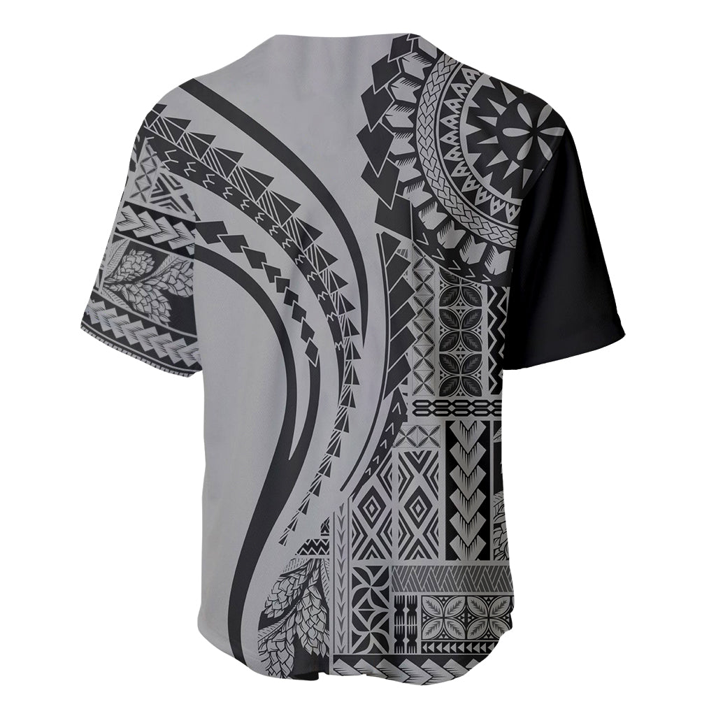 Black baseball jersey with gray and white abstract tribal print, short sleeves.