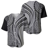 Black baseball jersey with gray and white tribal graphic, button-front V-neck.
