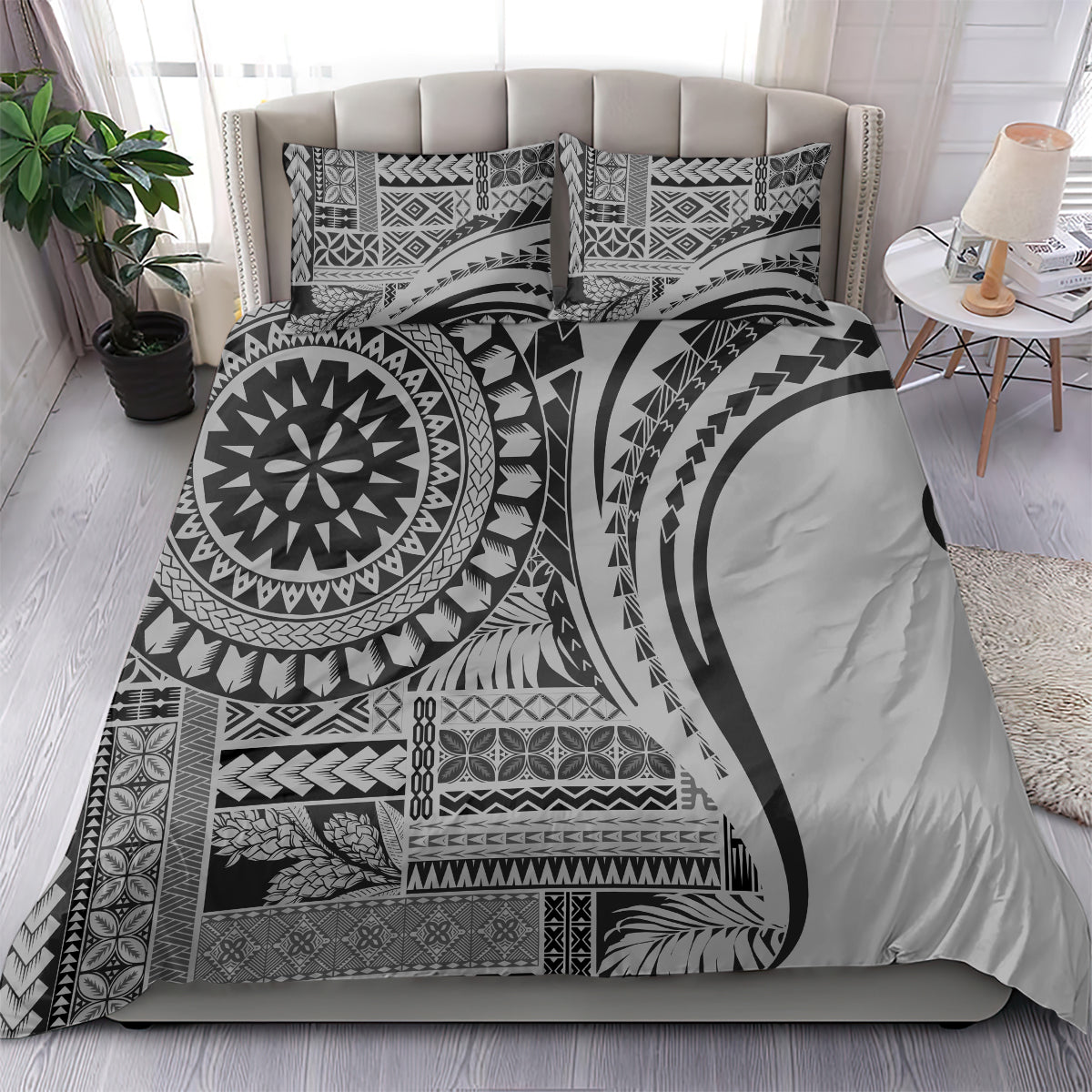 Black and white geometric duvet cover and pillowcases, bold circular motif