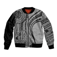 Black bomber jacket with black/gray/white geometric tribal print, zip front, ribbed hem