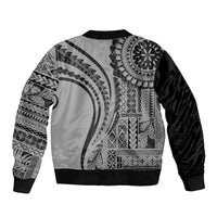 Black bomber jacket with large back geometric tribal artwork, ribbed cuffs and hem