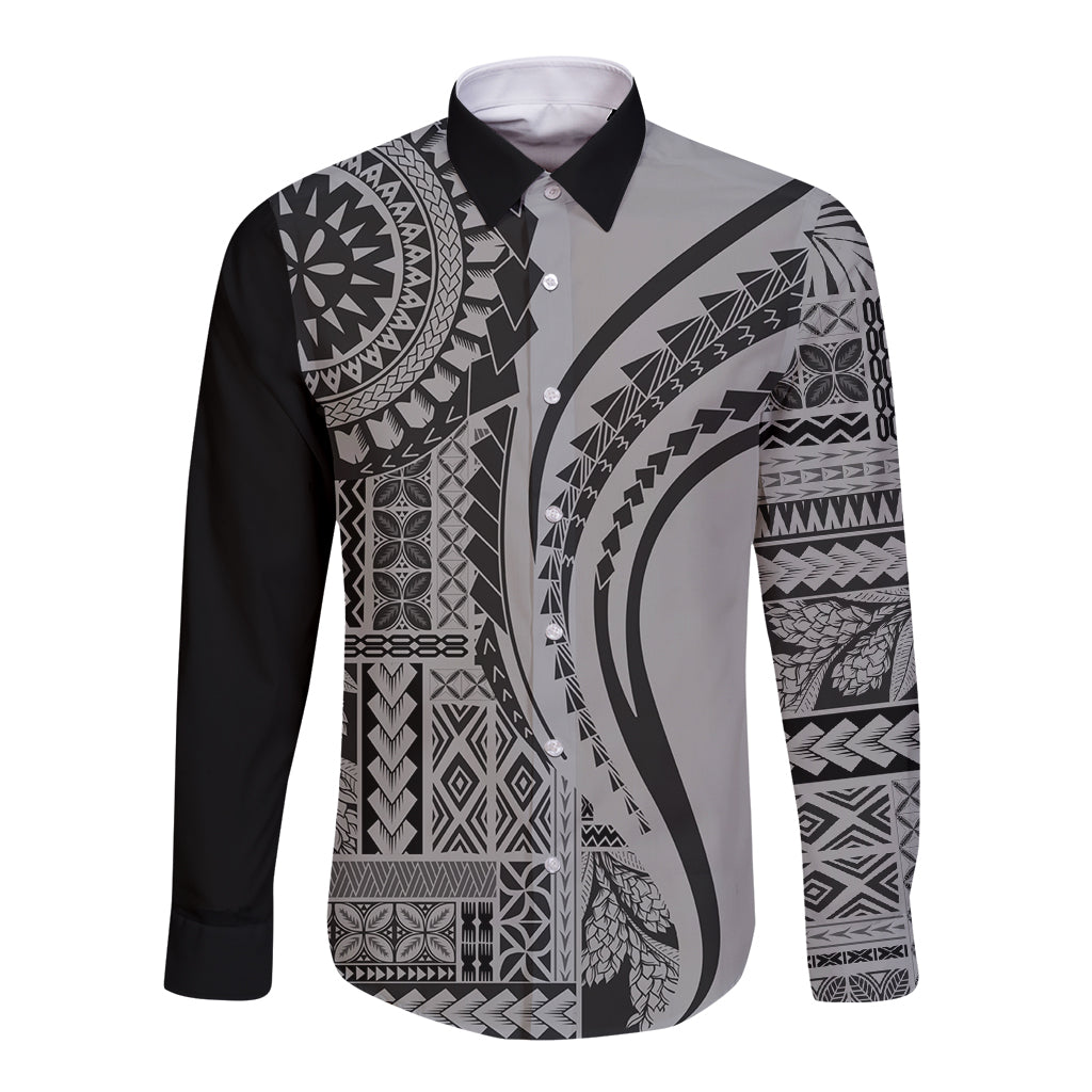 Black long-sleeve button shirt with large grayscale geometric tapa print panels