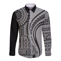 Black long-sleeve button shirt with large grayscale geometric tapa print panels