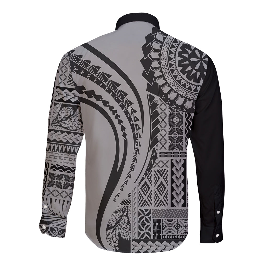 Black long-sleeve button shirt with grayscale geometric tapa print on the back