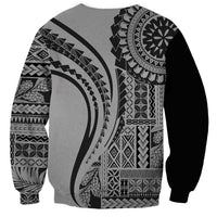 Unisex crewneck sweatshirt, black and gray tribal print from side view