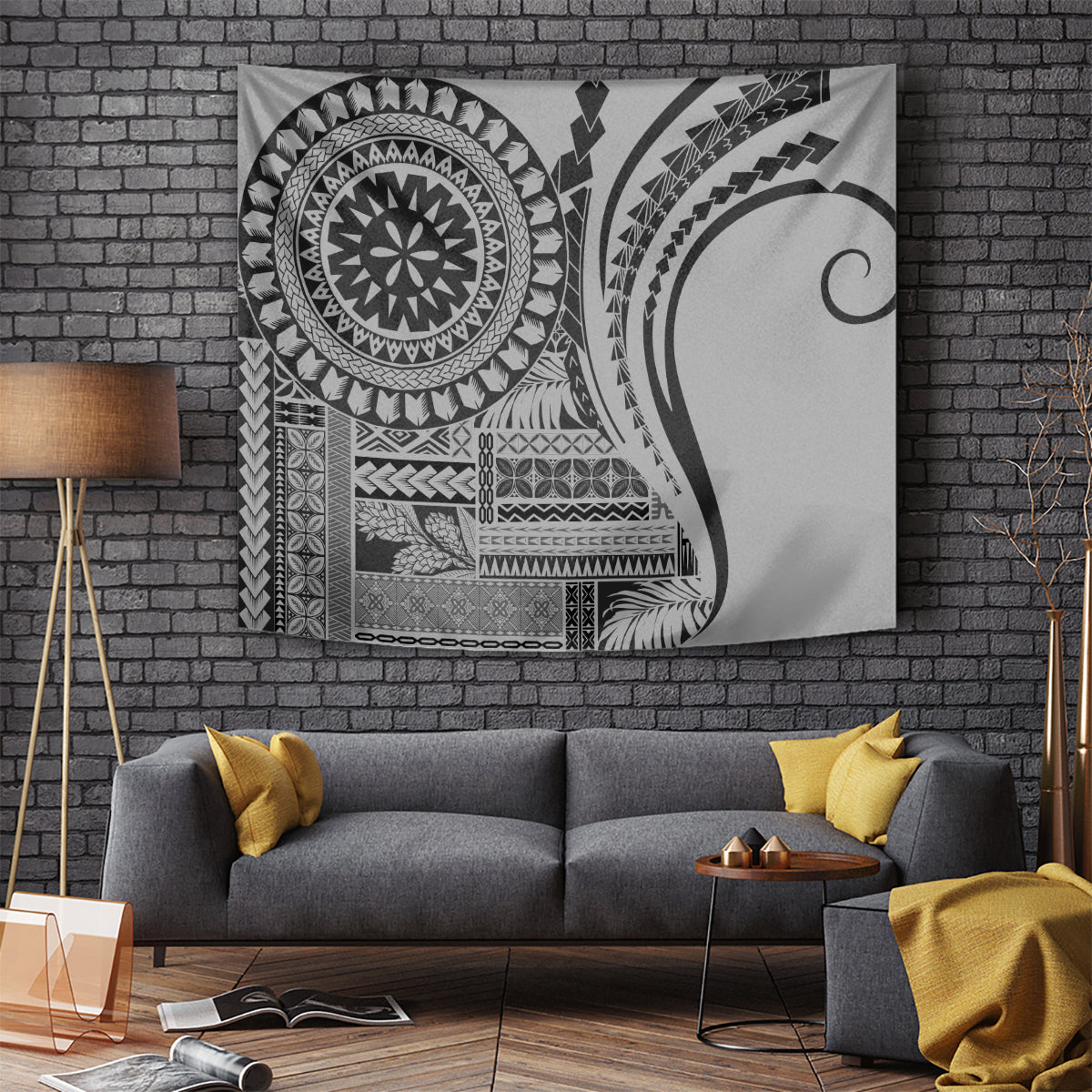 Black and gray geometric siapo-style tapestry wall hanging, circular tribal motif