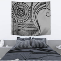 Black and gray siapo-style tapestry wall hanging with detailed geometric medallion