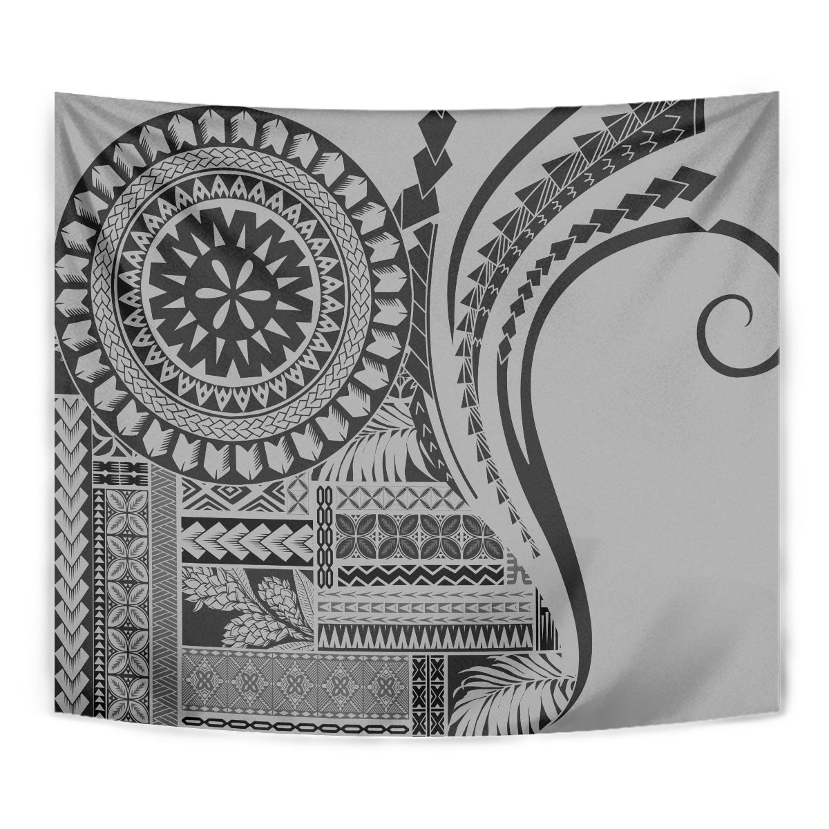 Black and gray siapo-style tapestry featuring a bold circular medallion and curved lines