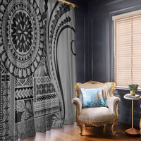 Black and white window curtains with circular mandala and large curved arc motif