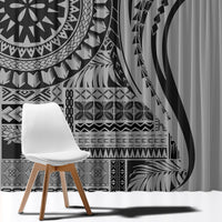 Black and white window curtain close-up with bold geometric stripes and mandala panel