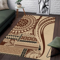 Brown boho area rug with tribal geometric and circular patterns, beige sections