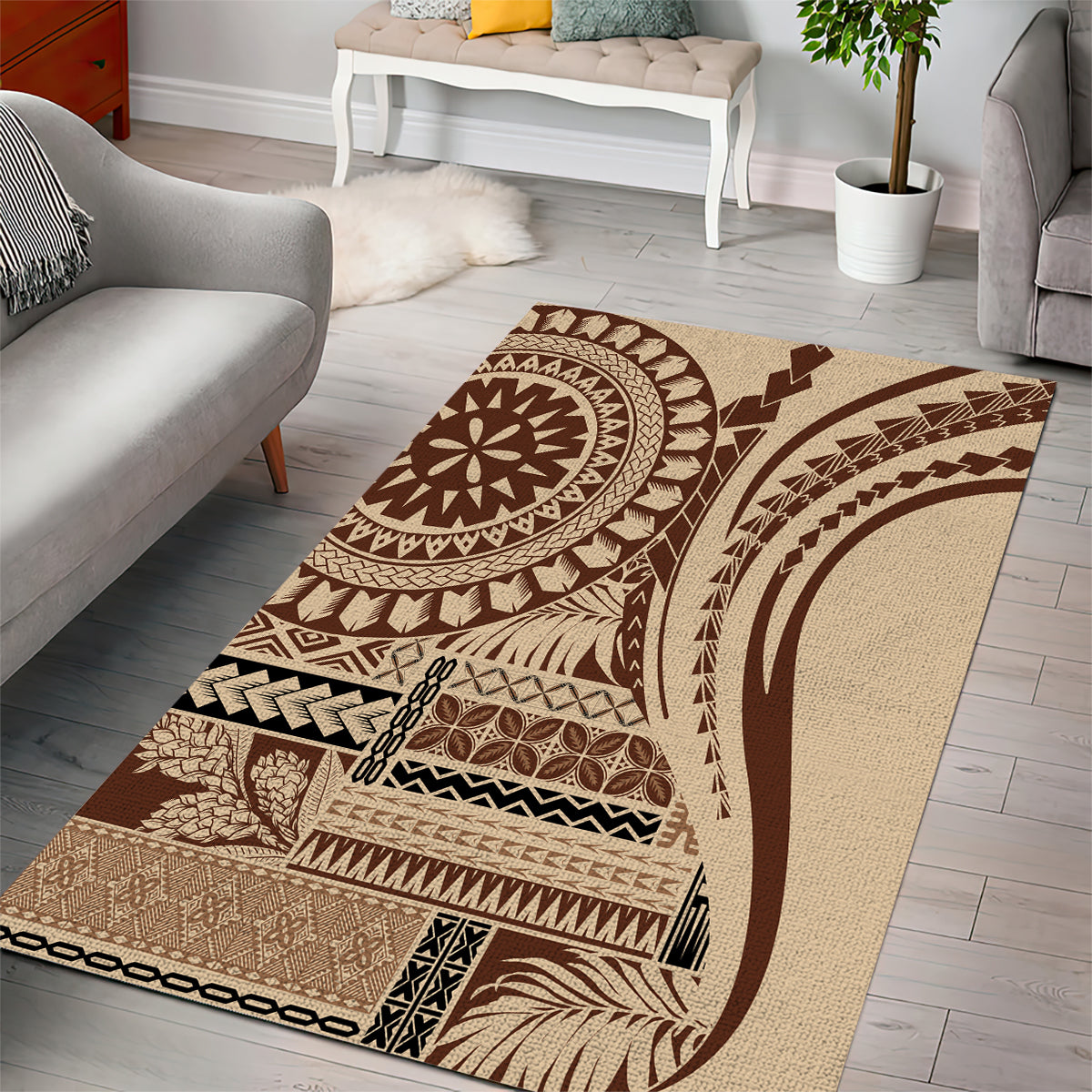 Brown boho area rug featuring tribal geometric motifs and curved arch design