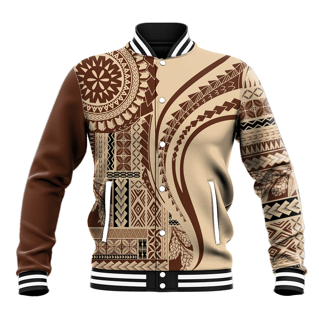 Brown and tan arty baseball jacket, button-front, striped ribbed collar and cuffs