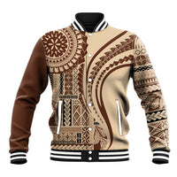 Brown and tan arty baseball jacket, button-front, striped ribbed collar and cuffs