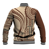 Brown and tan baseball jacket back, arched tribal print, ribbed hem and striped cuffs