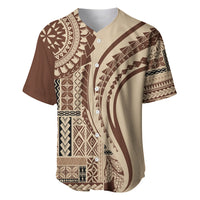 Brown baseball jersey with cream tribal siapo pattern, button front and short sleeves