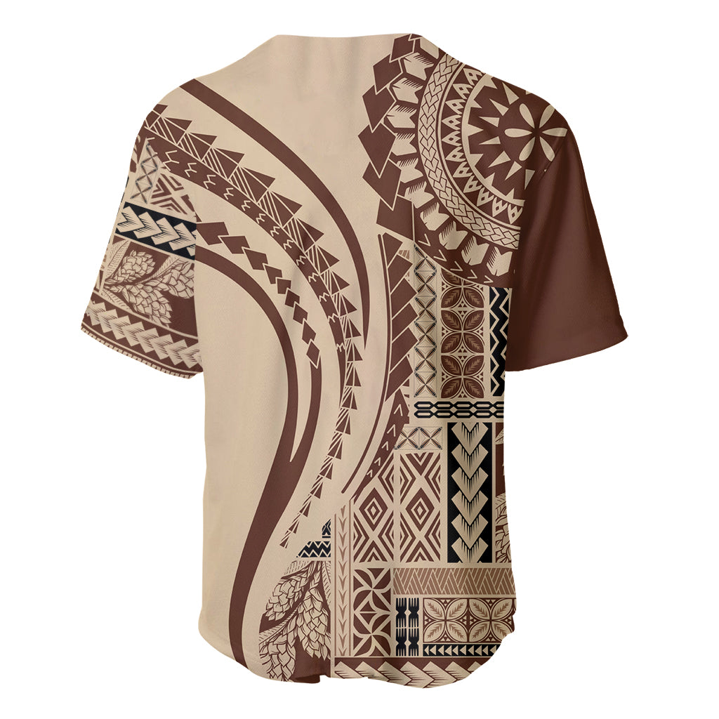 Brown baseball jersey with cream and dark geometric tribal print, short sleeves