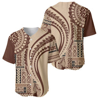 Brown baseball jersey with tribal circular motifs and geometric print, button front