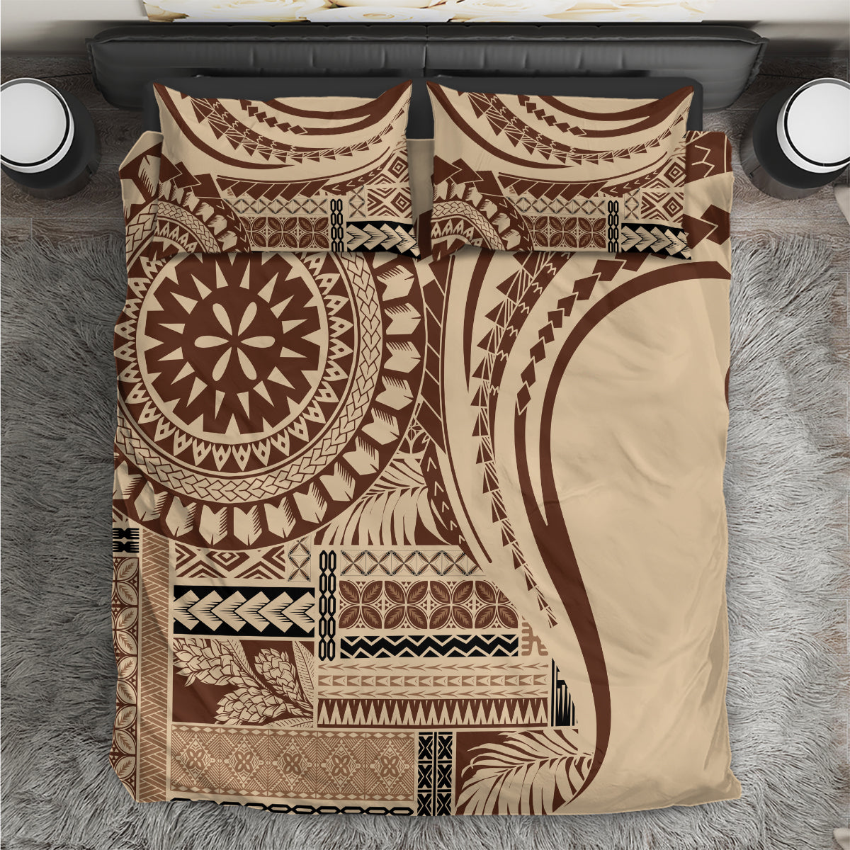 Brown tribal geometric duvet cover bedding set with two matching pillowcases.