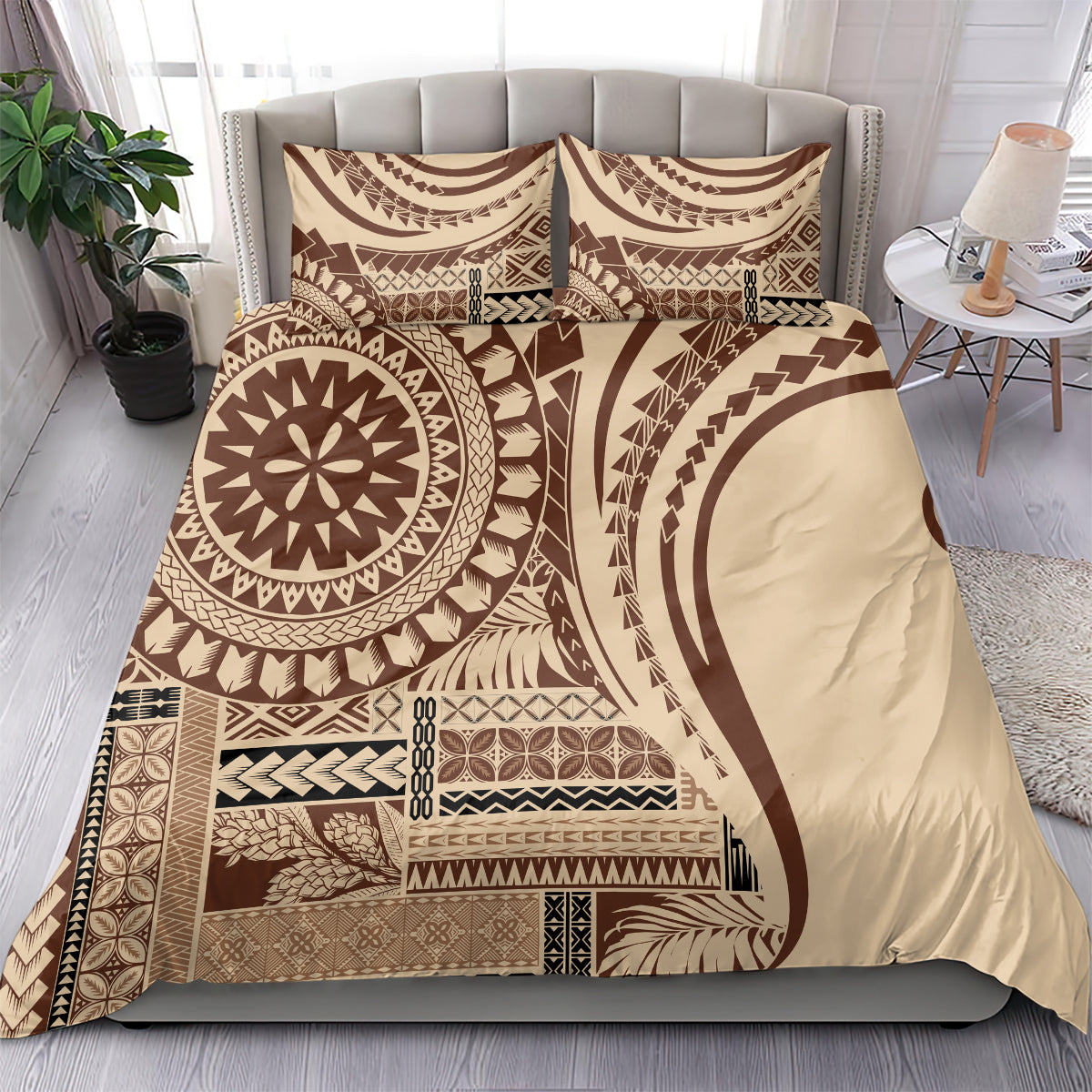 Brown duvet cover bedding set with circular tribal motif and two pillowcases.