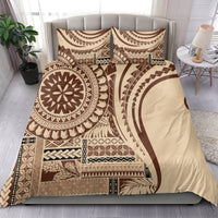 Brown duvet cover bedding set with circular tribal motif and two pillowcases.