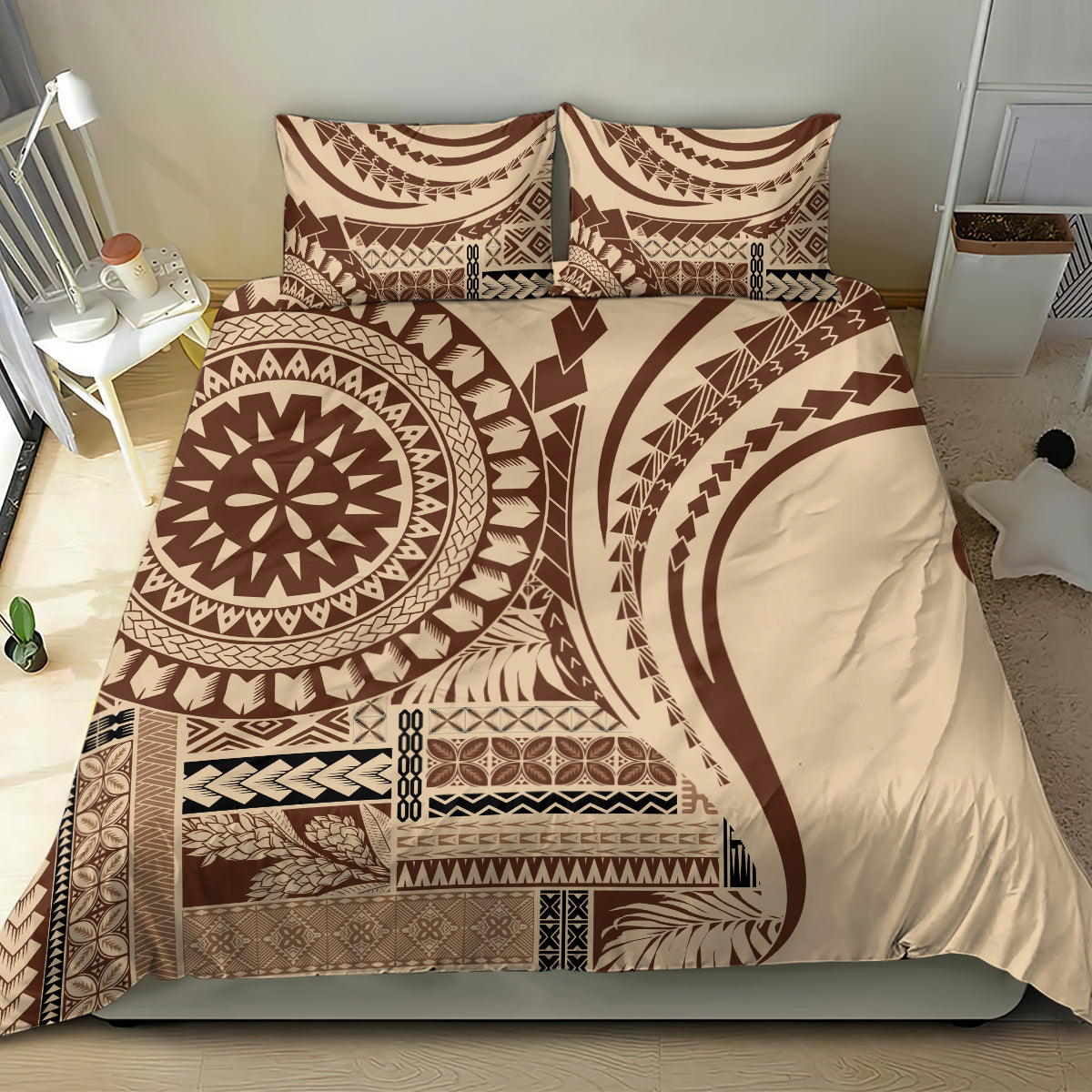 Brown tribal art duvet cover bedding set with two pillowcases and solid cream panel.