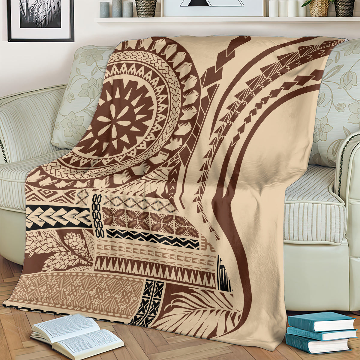 Brown and cream patterned art blanket with circular medallion and curved geometric bands